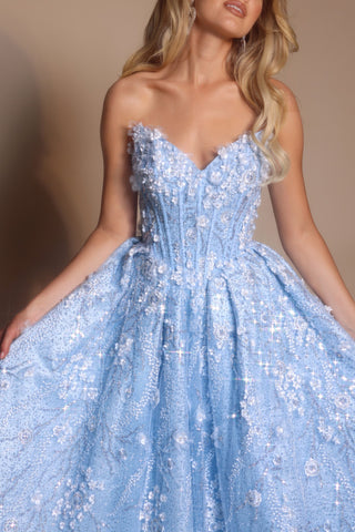 Blue formal gown PS26149 with floral detailing