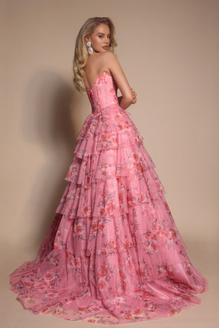 PS26153 Pink Floral Tiered Gown