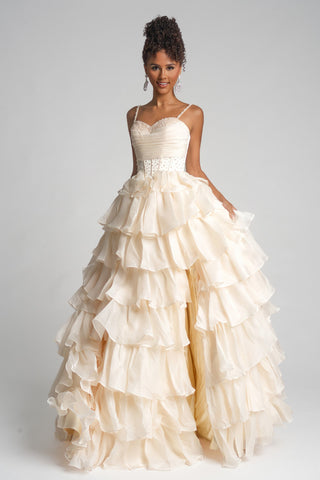 PS26155 CREAM Ruffled Ball Gown