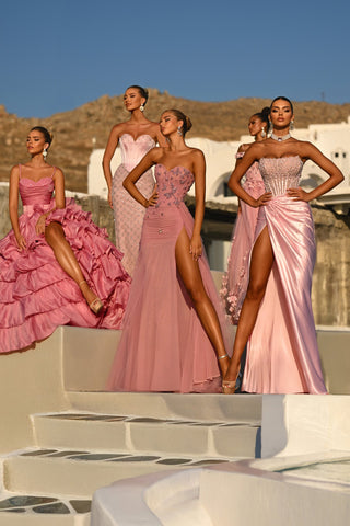 Pink Cindy gowns collection, elegant dresses on display.