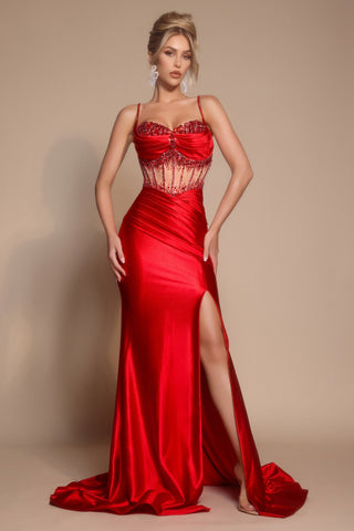Red satin gown with beaded bodice and high slit