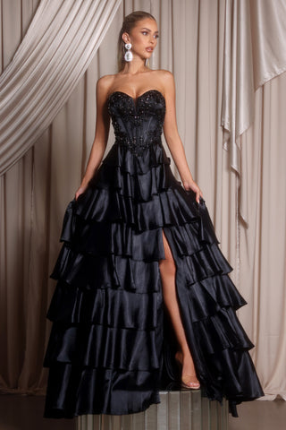 PS26165 Black Ruffle Gown with Leg Slit