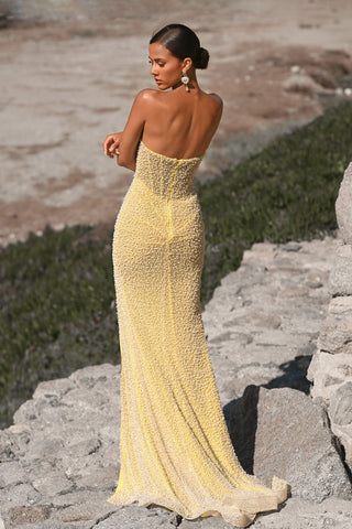Yellow beaded strapless gown PS26173