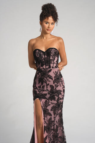 PS26175 BlackPink floral lace strapless gown