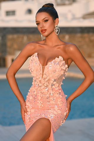 Pink floral strapless gown PS26176