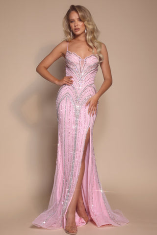PS26178 Pink Embellished Prom Dress with Slit