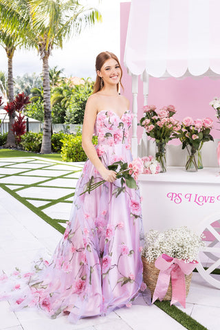 Pink floral gown on woman