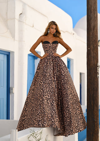 Leopard print evening gown on model