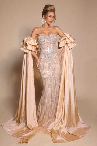 Champagne gown PS26195 with dramatic sleeves