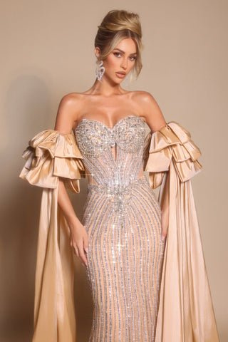 Champagne beaded evening gown with ruffled sleeves