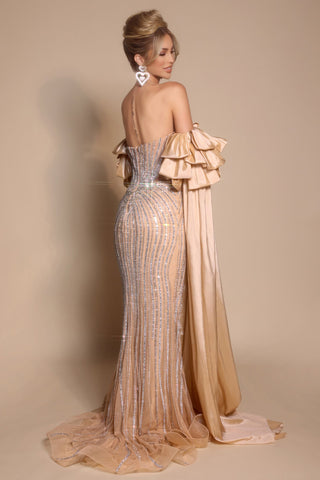 Champagne gown PS26195 with ruffled sleeves