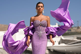 Lilac embellished gown with flowing fabric