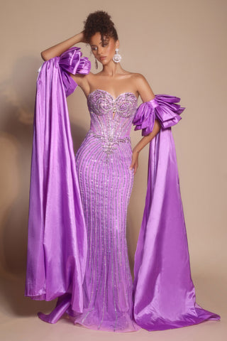 PS26195 Lilac embellished gown with dramatic sleeves
