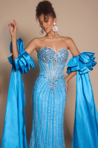 Teal beaded gown PS26195 with dramatic sleeves
