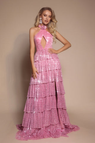 Pink sequin tiered gown PS26198