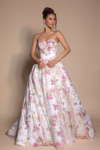 Pink Ivory floral strapless gown