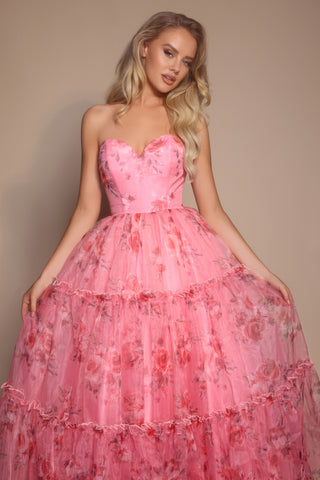 Pink floral strapless gown, PS26219
