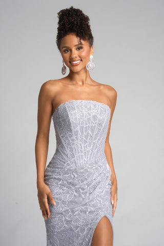 Silver lace strapless gown PS26223 on a woman.