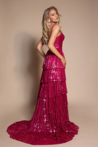 Burgundy sequin tiered formal gown - PS26225-03