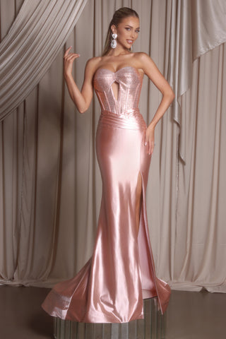 PS26231 Rose Gold Prom Dress with Slit