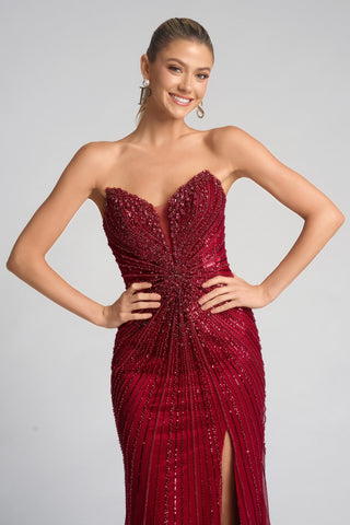 Red beaded strapless gown PS26237