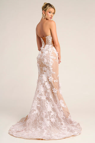 Beige and white floral strapless gown, PS26248.