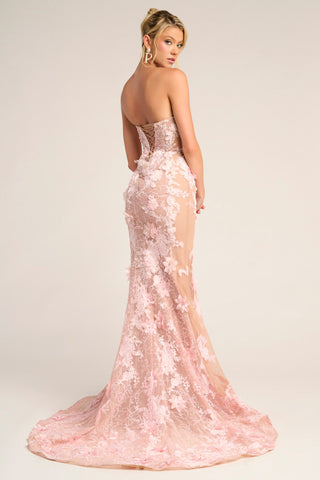 Nude pink floral strapless gown