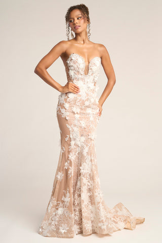 Nude white floral mermaid gown - PS26248
