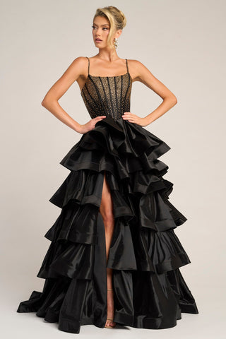 PS26253 Black Ruffled Evening Gown with Slit