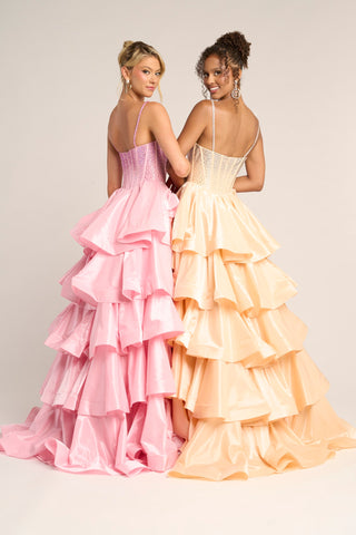 Two women in pink and champagne tiered gowns