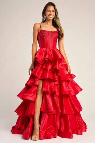 Red layered formal gown