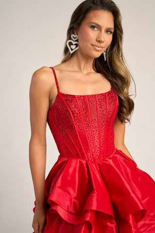 Red formal dress with embellished bodice