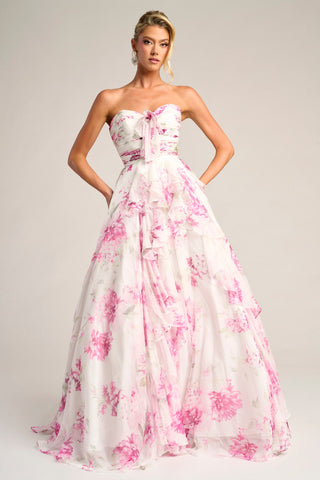 PS26254 Pink Floral Strapless Gown