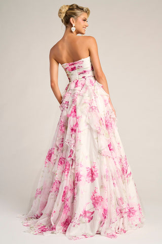 Pink floral strapless gown, PS26254