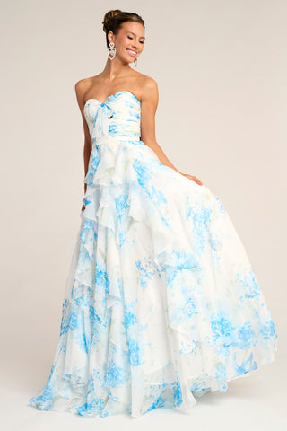 White and soft blue floral prom dress PS26254