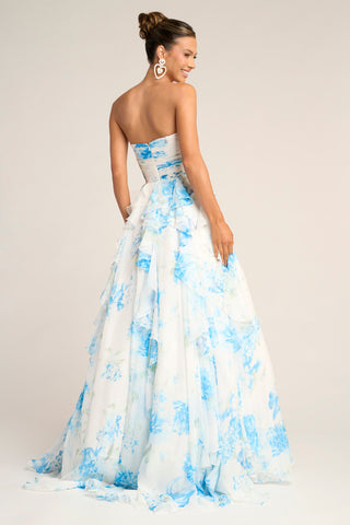 White and Blue Floral Strapless Gown - PS26254