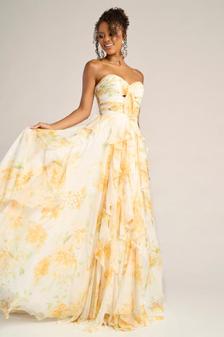 Yellow floral strapless gown PS26254