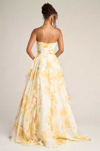 Yellow floral strapless gown PS26254