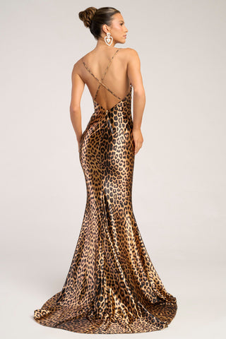 Cheetah print gown, PS26257, elegant backless design.