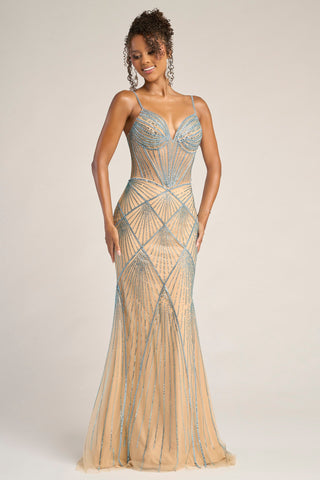 Blue beaded formal gown