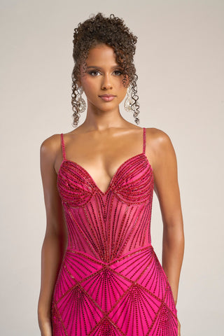Hot pink beaded formal gown PS26263
