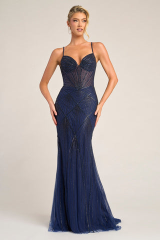 Navy beaded evening gown