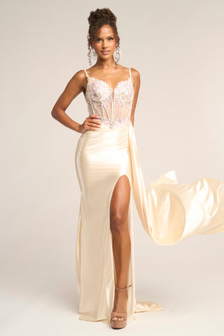 Cream PS26270 formal gown with high slit and train