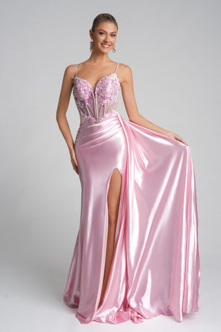Pink satin prom dress with floral bodice and high slit.