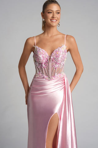 Pink formal gown PS26270 with embellished bodice and slit.