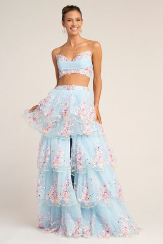 Blue two-piece formal dress with floral embellishments