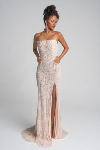 PS26277 CHAMP strapless beaded gown with high slit