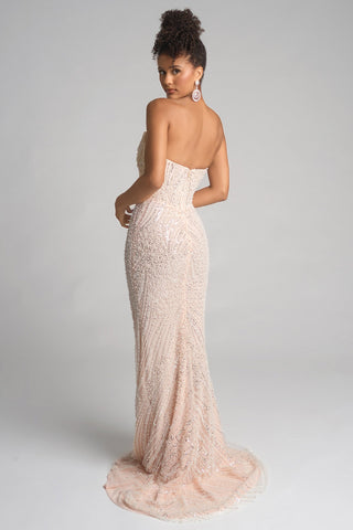 Champagne-colored gown PS26277 on model