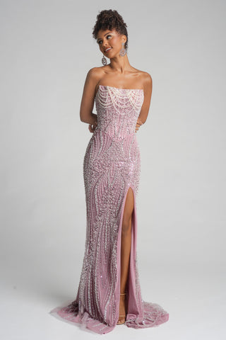 PS26277 Pink beaded strapless gown with high slit