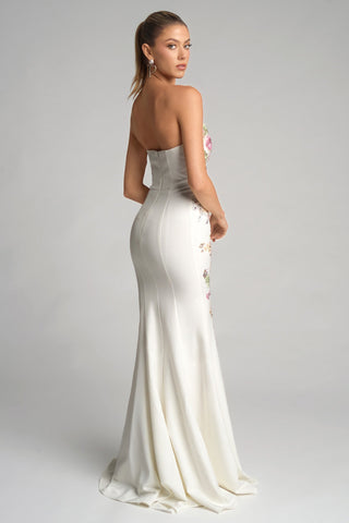 Strapless ivory gown with floral embroidery